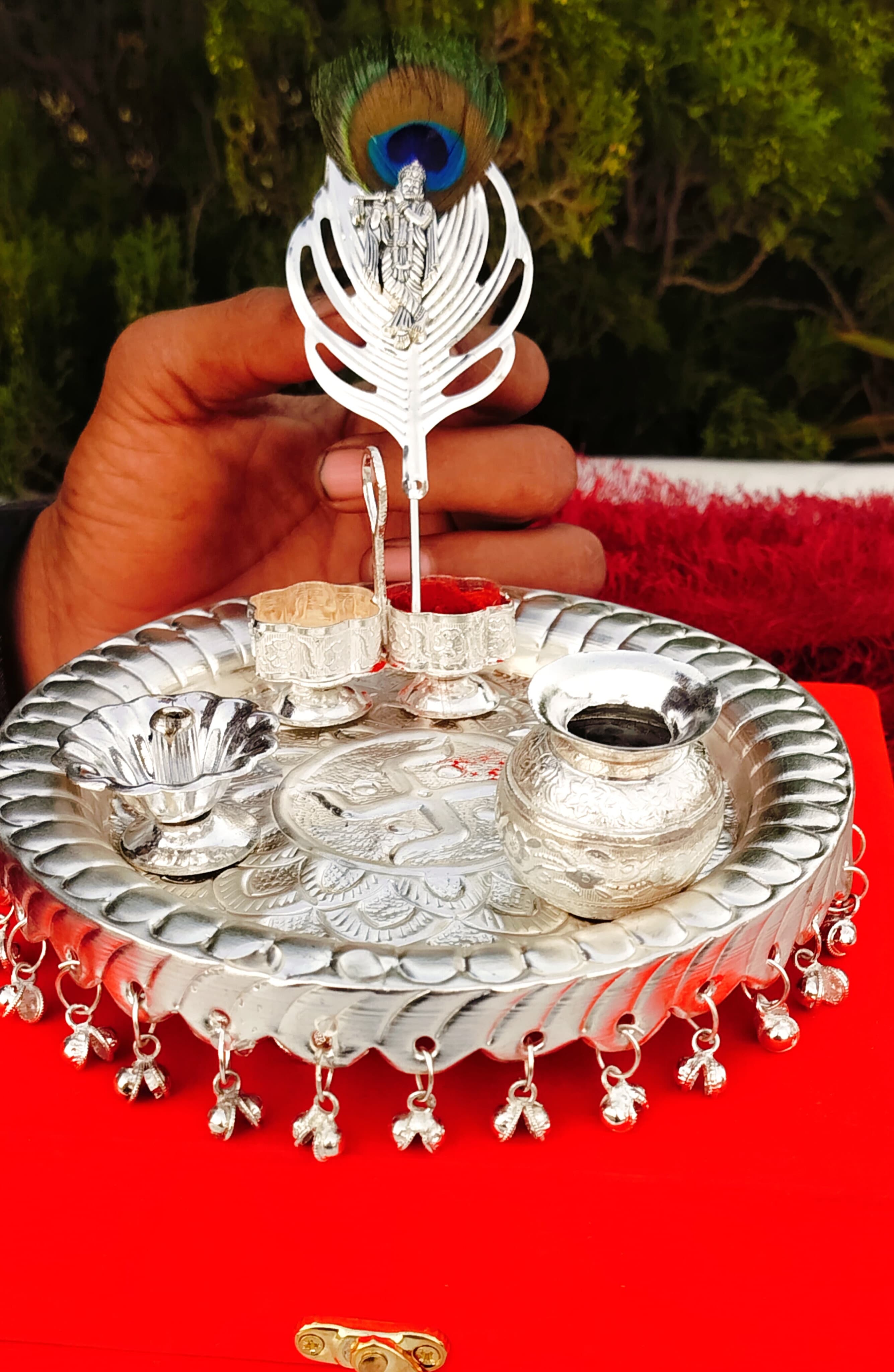 German silver Ghungaru aarti thali set with peacock feather flute Krishna Tilak stick